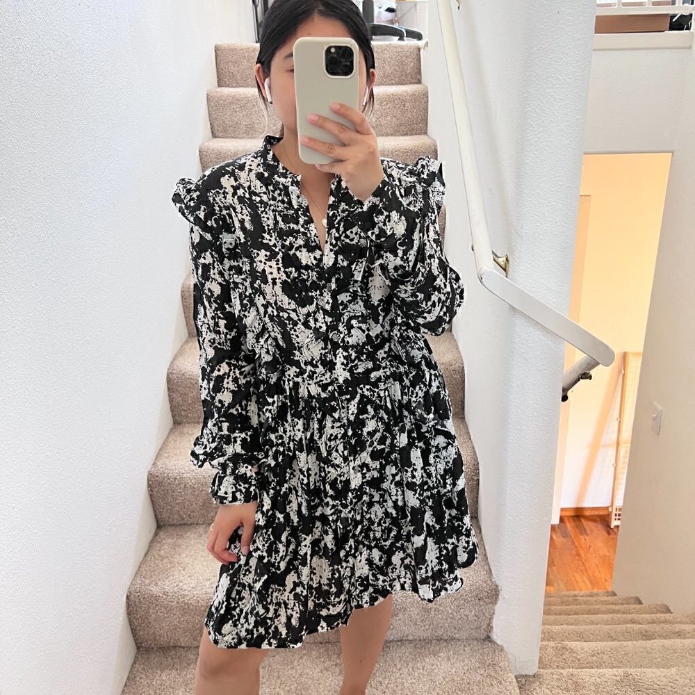 Dodo Bar Or Black White Silk Ruffled Long Sleeve Mini Dress 42 / US 4-6‍‍‍‍‍﻿﻿﻿﻿